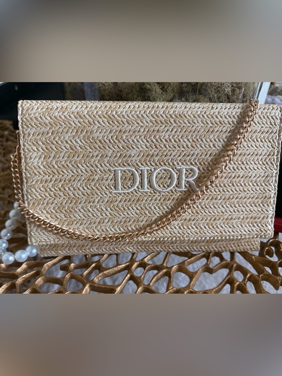 Dior Handbags - Dior Beige Raffia Clutch with Pearl Chain and Pearl Key Holder.